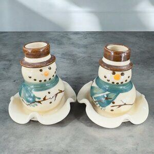 Kovack Pottery 1999 Snowman Candle Stick Holder Set 2 Hand Made North Carolina